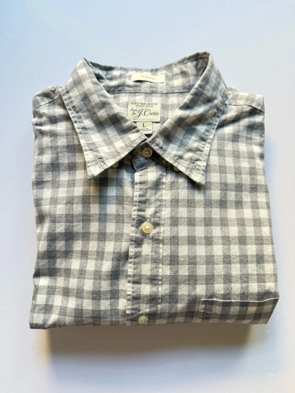 J. Crew Gray and White Gingham Button-Down Shirt, Size L